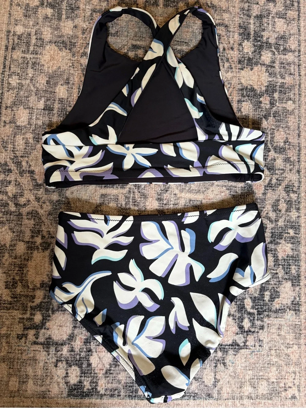 Athleta Girls Black Floral High-Neck Bikini Set with Pastel Accents